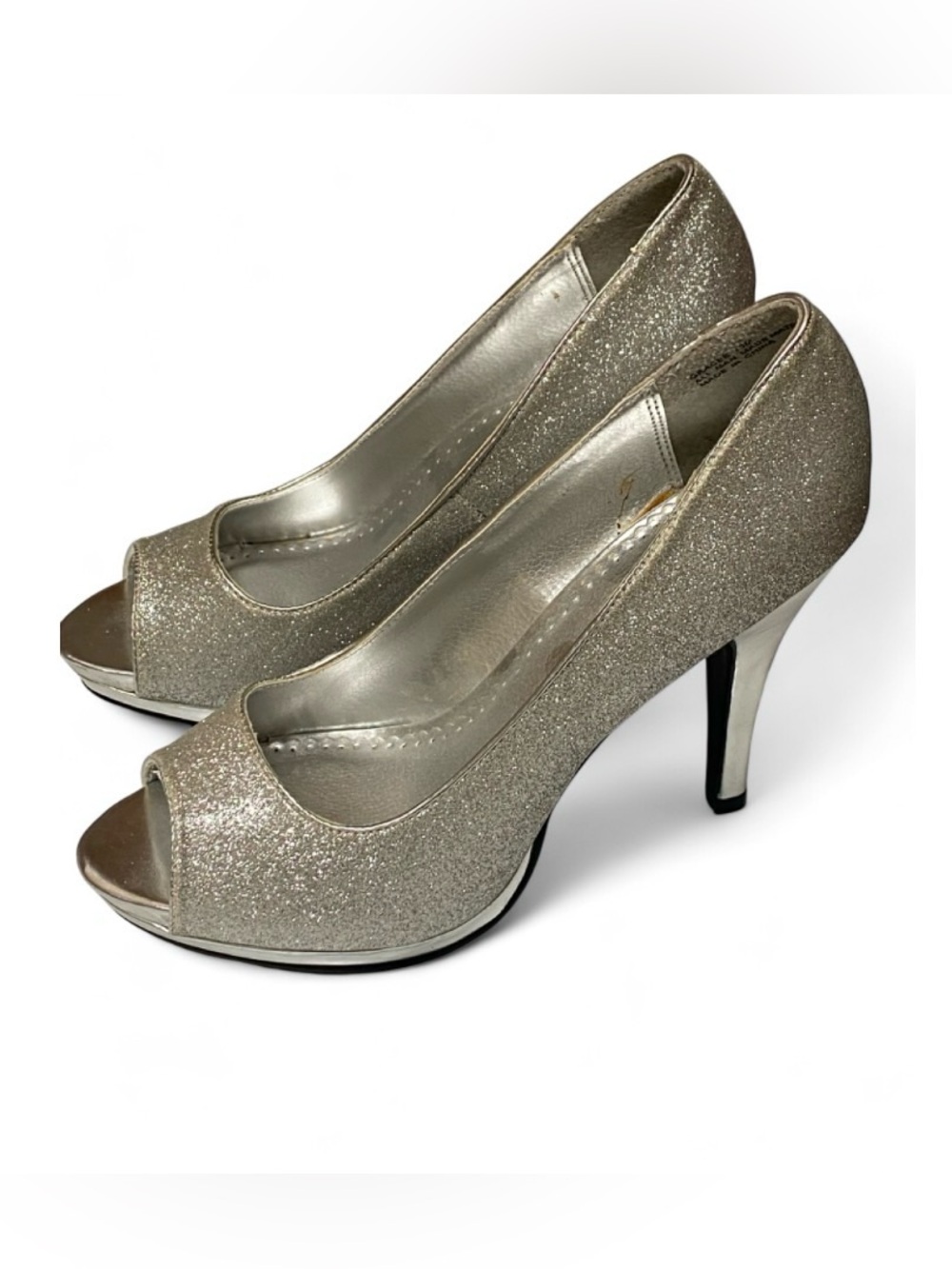 Rampage Women’s 10M Gracee Silver Glitter Peep-Toe Heels Metallic Silver